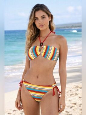 Oxygen Colorful Striped Halter Bikini Set Women Small NWT Summer Beach Swimwear